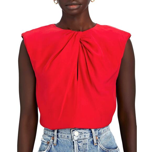 Frame NEW Silk Twist Neck Sleeveless Padded Shoulder Tank Top Garnet Red Medium - Picture 1 of 13